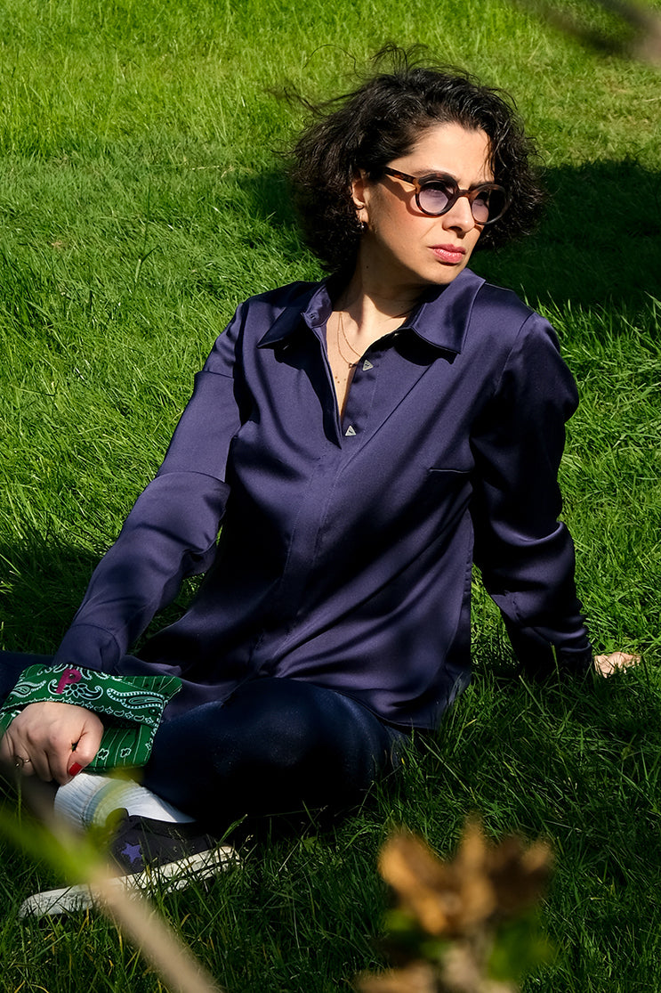 Eliza Lacivert Basic Model İpek Saten Gömlek