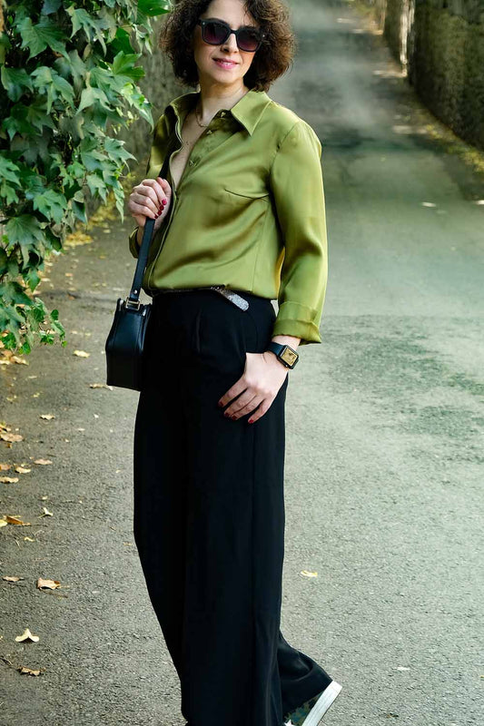 Niki Siyah Yüksek Belli Bol Kesim Krep Pantolon