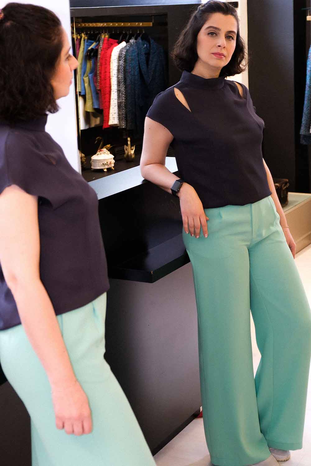 Niki Yeşil Yüksek Belli Bol Kesim Krep Pantolon