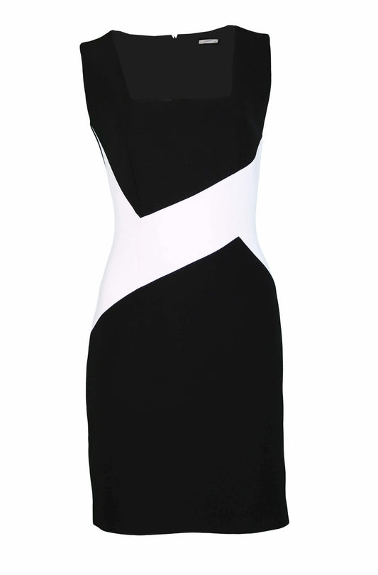 Block Siyah&Beyaz Kare Yakalı Mini Krep Elbise