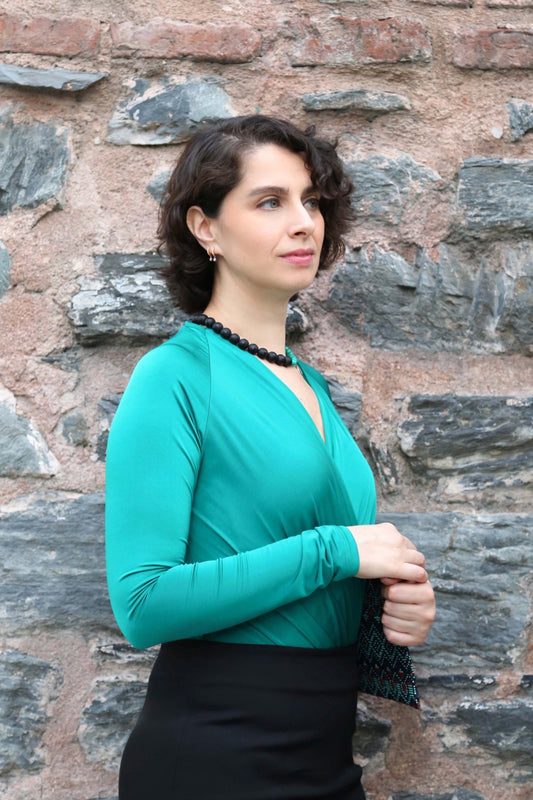 Carol Yeşil Kruvaze Yaka Uzun Kollu Body