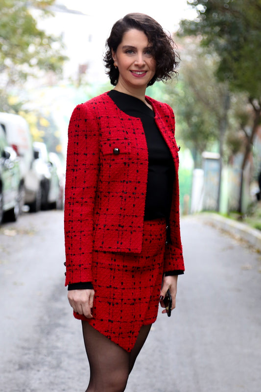 Coco Kırmızı Kareli Mini Kadın Ceket