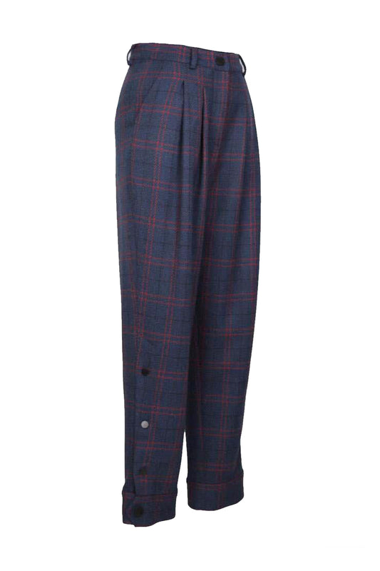 Marvel Lacivert Ekoseli Pileli Manşetli Yün Pantolon