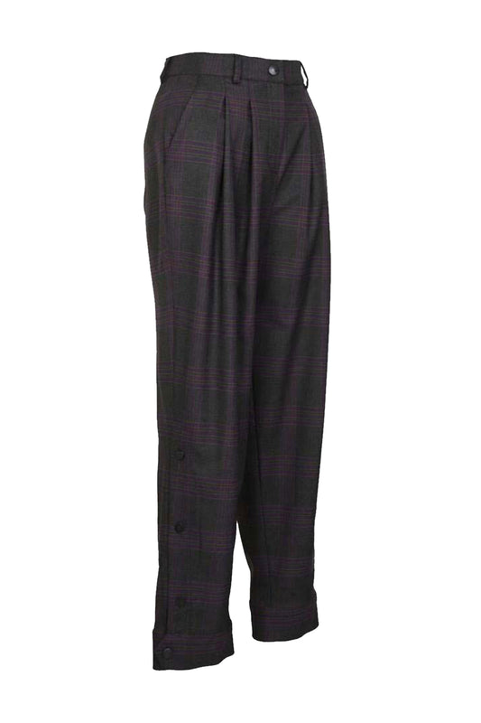 Marvel Füme Ekoseli Pileli Manşetli Yün Pantolon