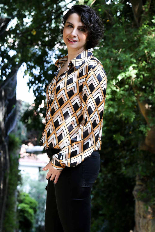 Eliza Retro Desenli Basic Model Saten Gömlek
