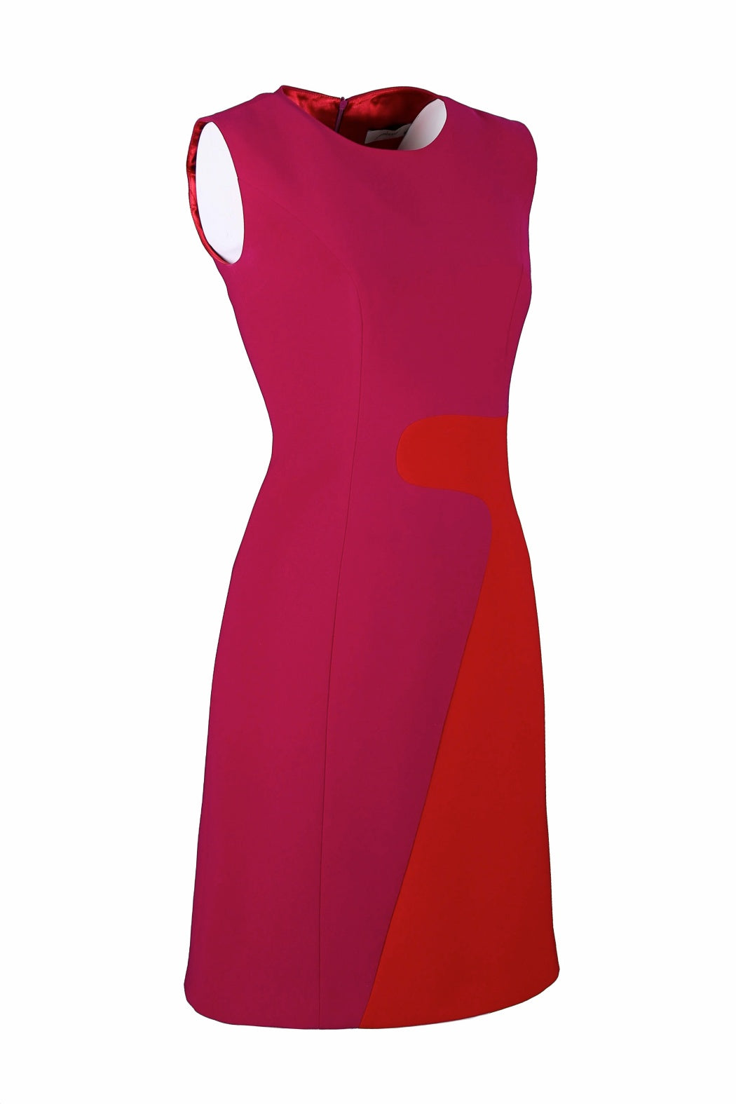Block Pembe & Kırmızı Yuvarlak Yaka Kolsuz Mini Krep Elbise