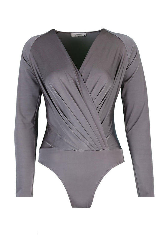 Carol Gray Double Breasted Neck Long Sleeve Bodysuit