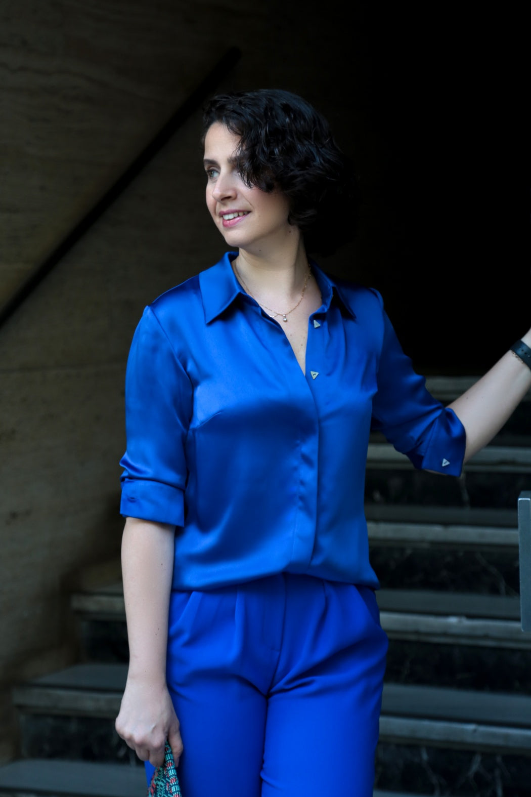 Eliza Sax Blue Basic Model Silk Satin Women's Shirt