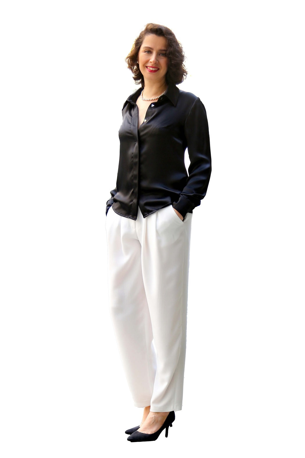 Marvel Beyaz Pileli Krep Kadın Pantolon