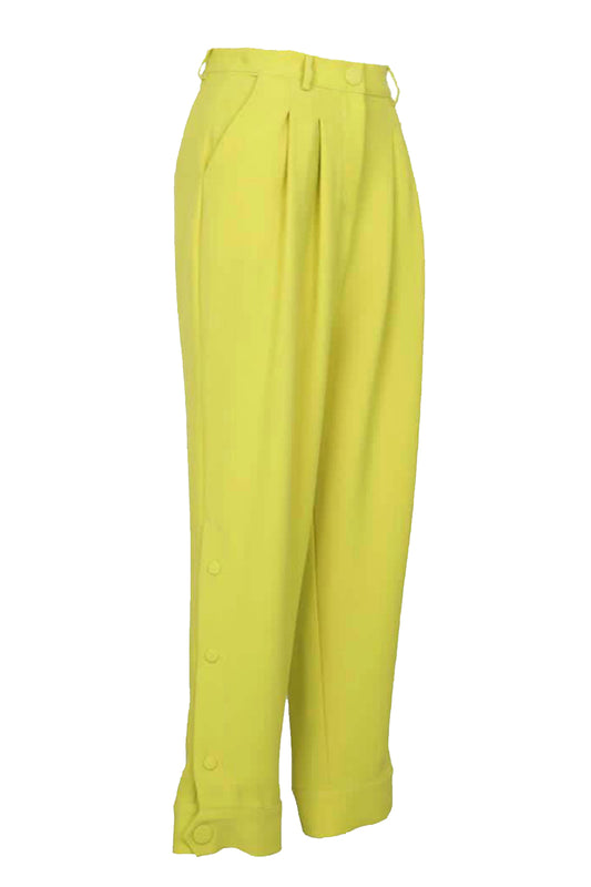 Marvel Yellow Green Pleated Cuff Detail Crepe Women's Pants