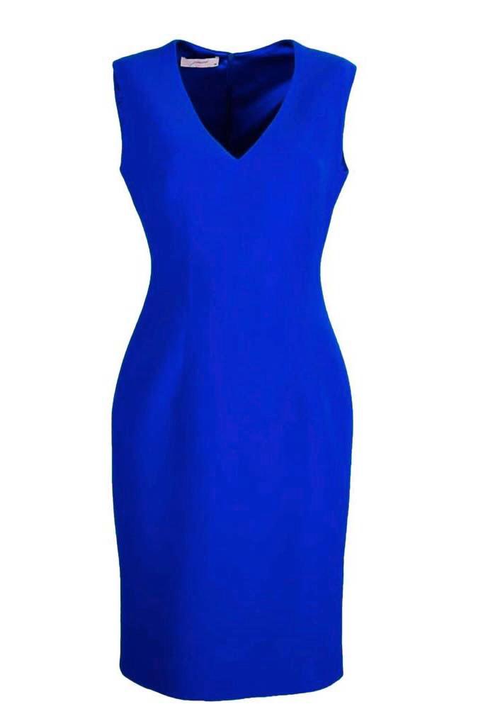 Belle Cobalt Blue V-Neck Sleeveless Crepe Pencil Dress